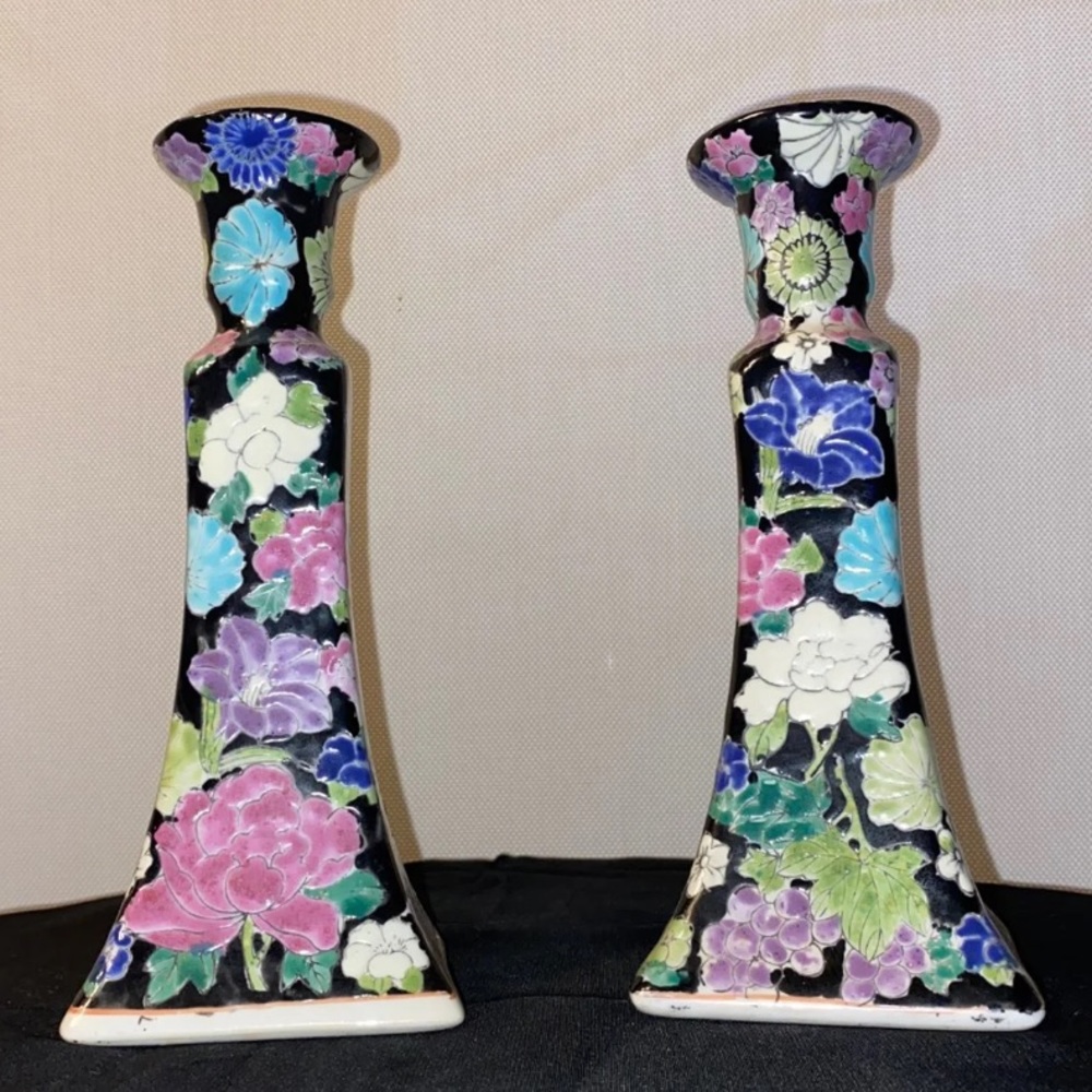 Vintage Oriental Hand Painted Candle Stick Holders